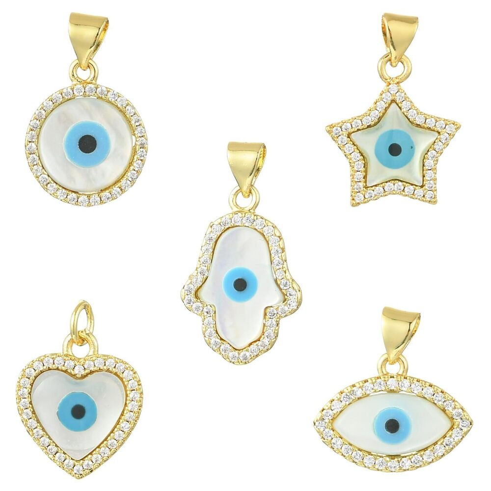3831 5 pcs 5 Styles Evil Eye Theme Brass Cubic Zirconia Natural Shell